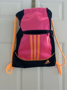 adidas Pink and Black Drawstring Backpack with Orange Accents